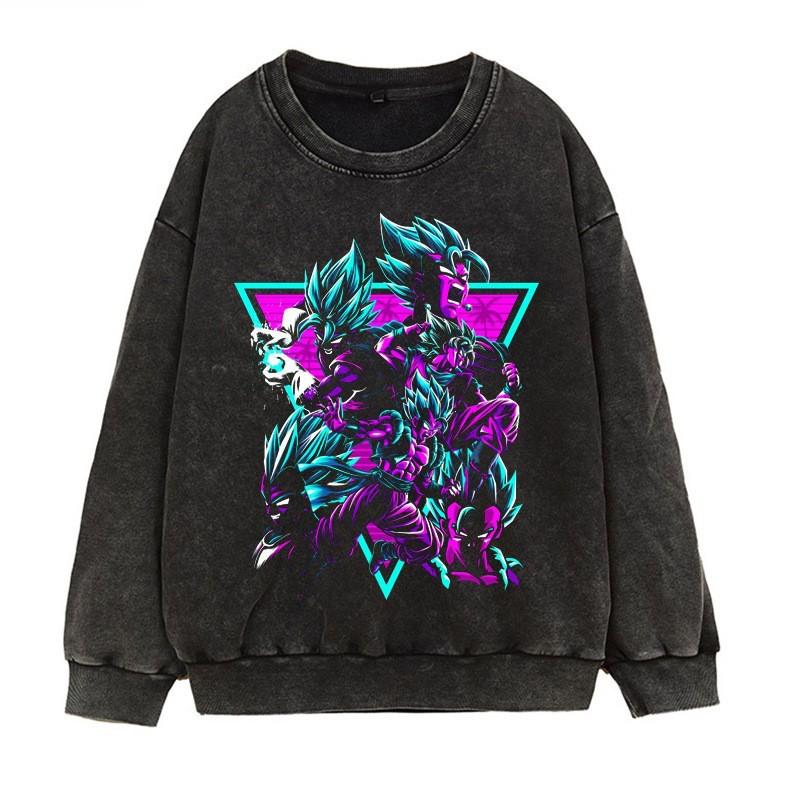 Vintage Washed Dragon Ball Anime Hoodie-Free Crewneck Sweatshirt Teens Men Streetwear Casual Long Sleeve Cotton