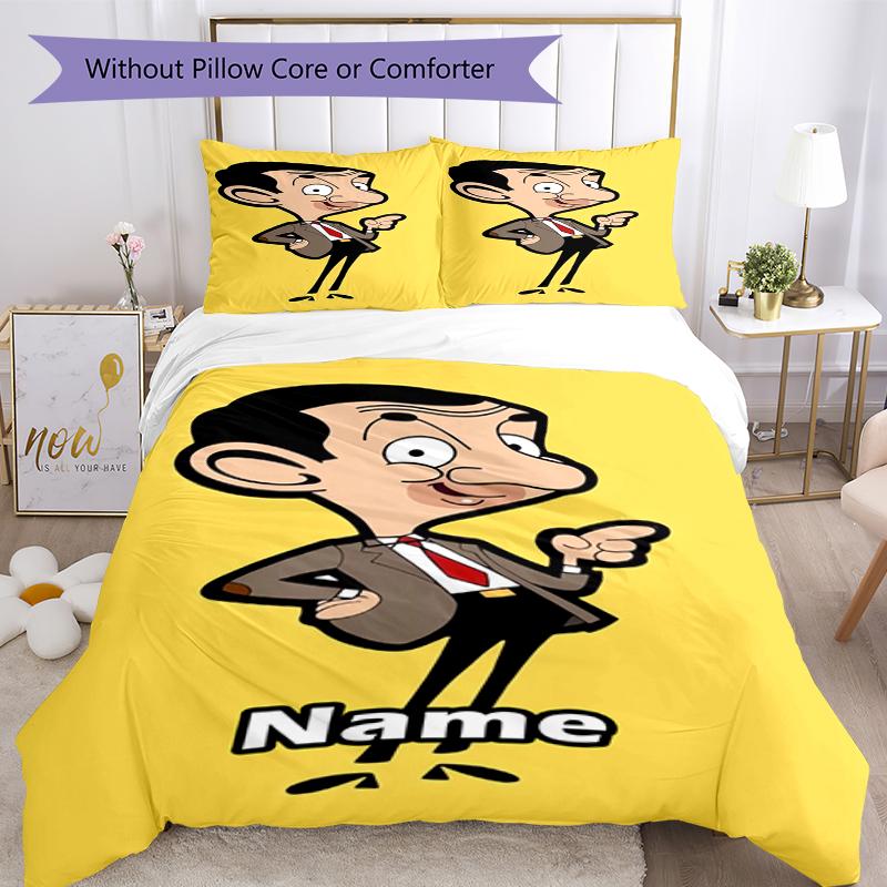 3pcs Custom Name Mr. Bean Bedding Set Duvet Cover Closure Includes 1 Duvet Cover & 2 Pillowcases, Soft and Comfortable for All Seasons.
