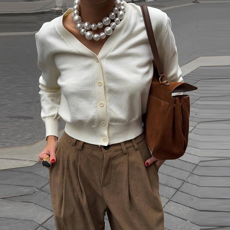 Вязаные кардиганы с V-образным вырезом, женские шикарные однобортные свободные элегантные однотонные свитера для женщин 2025 года, повседневные топы с длинным рукавом для женщин