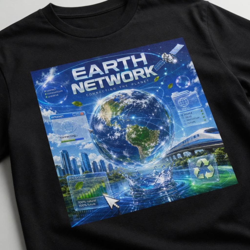 Футболка Frutiger Aero, Футболка с графикой Future Earth, Футболка в эстетике Y2K Internet, Футболка с артом Eco Technology, Дизайн Futuristic World