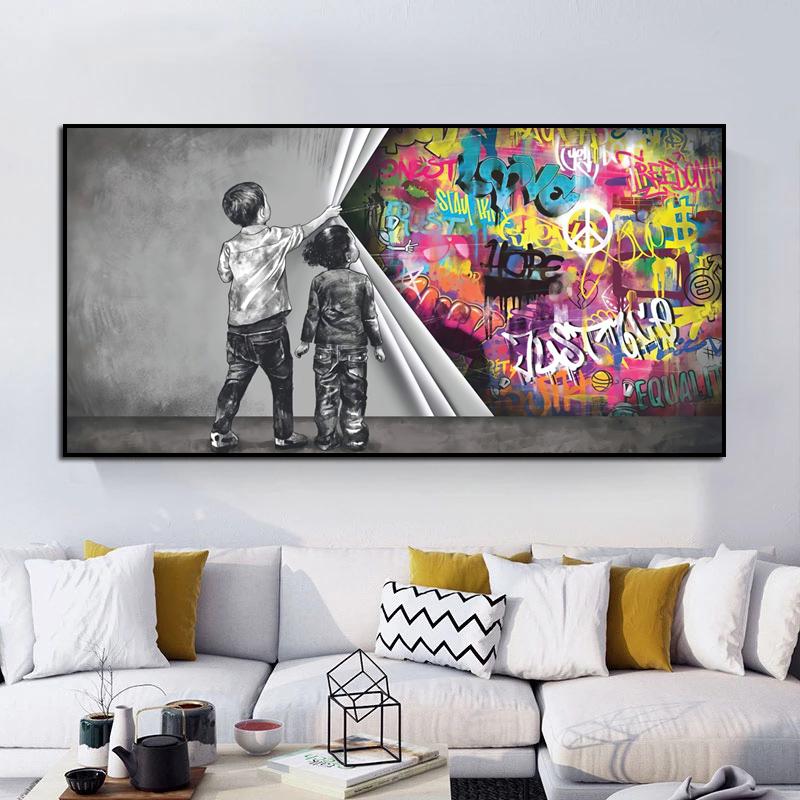 Абстрактные граффити, детские на сцене, занавески, холст, художественные постеры, принты, настенные панно для гостиной, домашний декор Cuadros