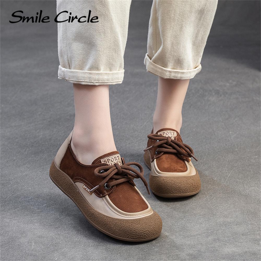 Женская повседневная обувь из натуральной кожи с круглым носком и шнуровкой на плоской подошве, модная удобная женская обувь