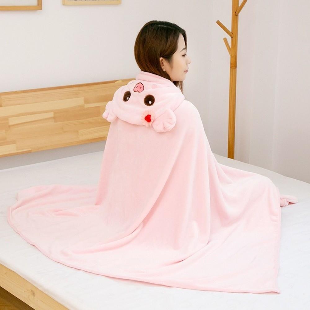 Versatile Warm Hooded Nap Blanket Cartoon Soft Shawl Blanket Folding Cozy Air Conditioning Blanket Travel