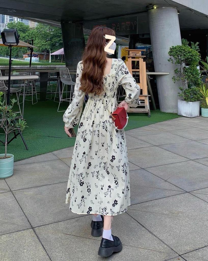 2024 Autumn French Floral Chiffon Slim Waist Long-Sleeve Dress