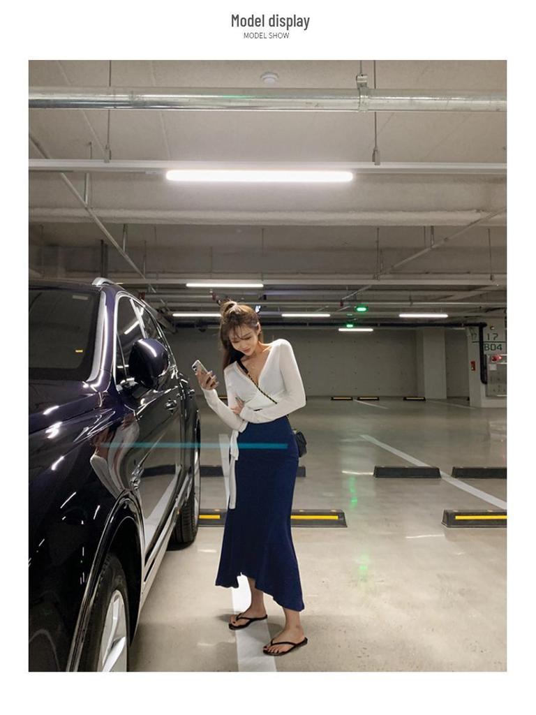 В наличии: Женская сексуальная футболка с низким вырезом, шнуровкой, подчеркивающая талию, с длинным рукавом для лета - в корейском стиле Дондэмун