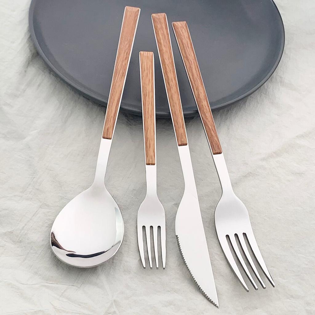 4 шт. золотой набор столовых приборов из нержавеющей стали, посуда с деревянной ручкой, глянцевый нож, вилка, ложка, набор кухонных столовых приборов в западном стиле