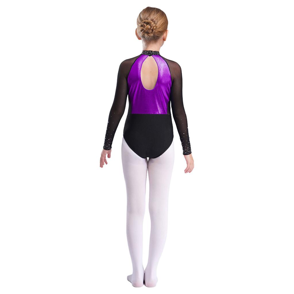 Girls Shiny Rhinestones Leotard Color Block Patchwork Keyhole Back Sheer Mesh Long Sleeve Bodysuit
