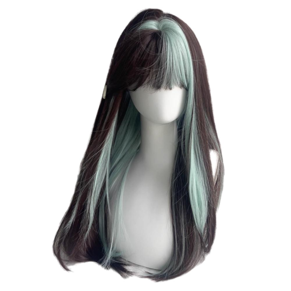 Cosplay Ombre Mint Green Brown Hair Fluffy Long Straight Wig with Bangs Halloween