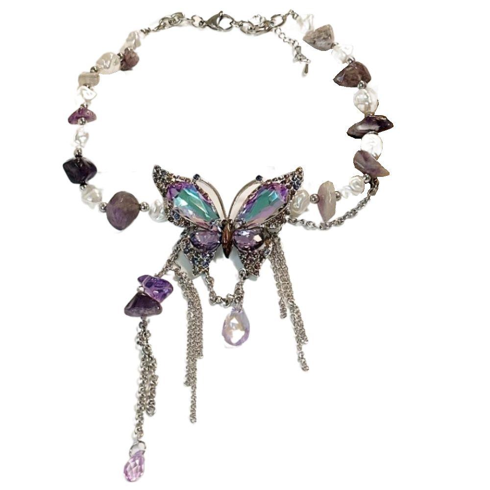 Регулируемое ожерелье-бабочка со стразами, преувеличенное женское колье-чокер с жемчугом и кристаллами для девочек