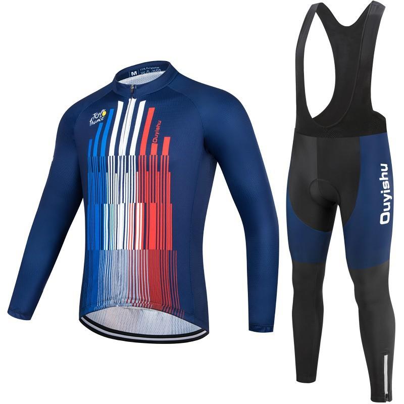 Мужской комплект для велоспорта: джерси с длинным рукавом и велотрусы с лямками. Дышащий, защита от УФ, одежда для катания.