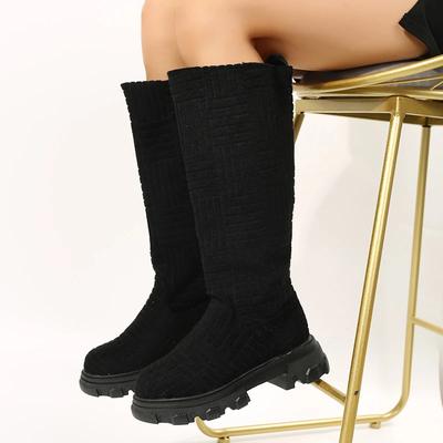 Мода Большой размер 43 Женские туфли на платформе Круглый носок Слипоны Сапоги до колена Мода Противоскользящая Толстая подошва Средний каблук Botas Mujer