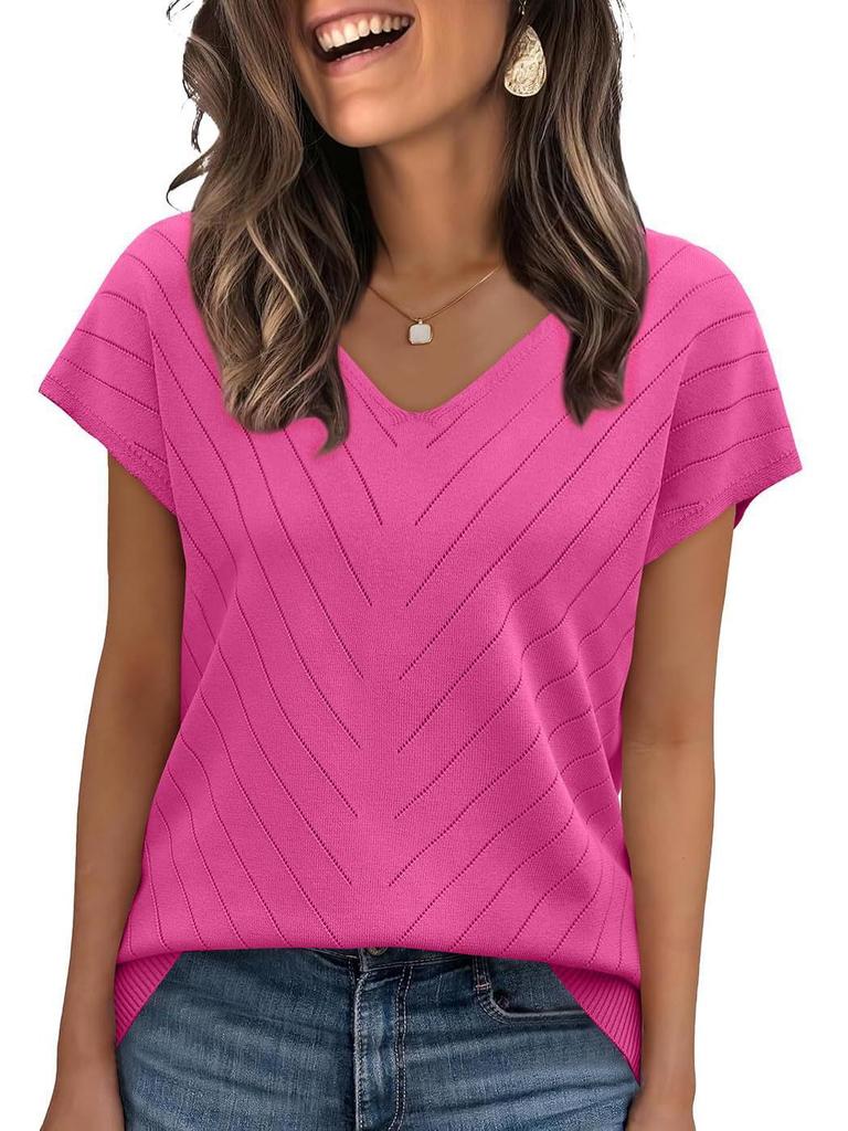 Летний горячий тренд 2026 года Пляжный отдых Короткий рукав V-образный вырез Ажурный повседневный вязаный свитер для женщин