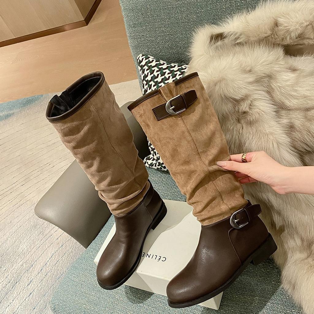 Ma Sichun same thick heel suede splicing knight boots women's boots 2025 autumn and winter belt buckle thin boots