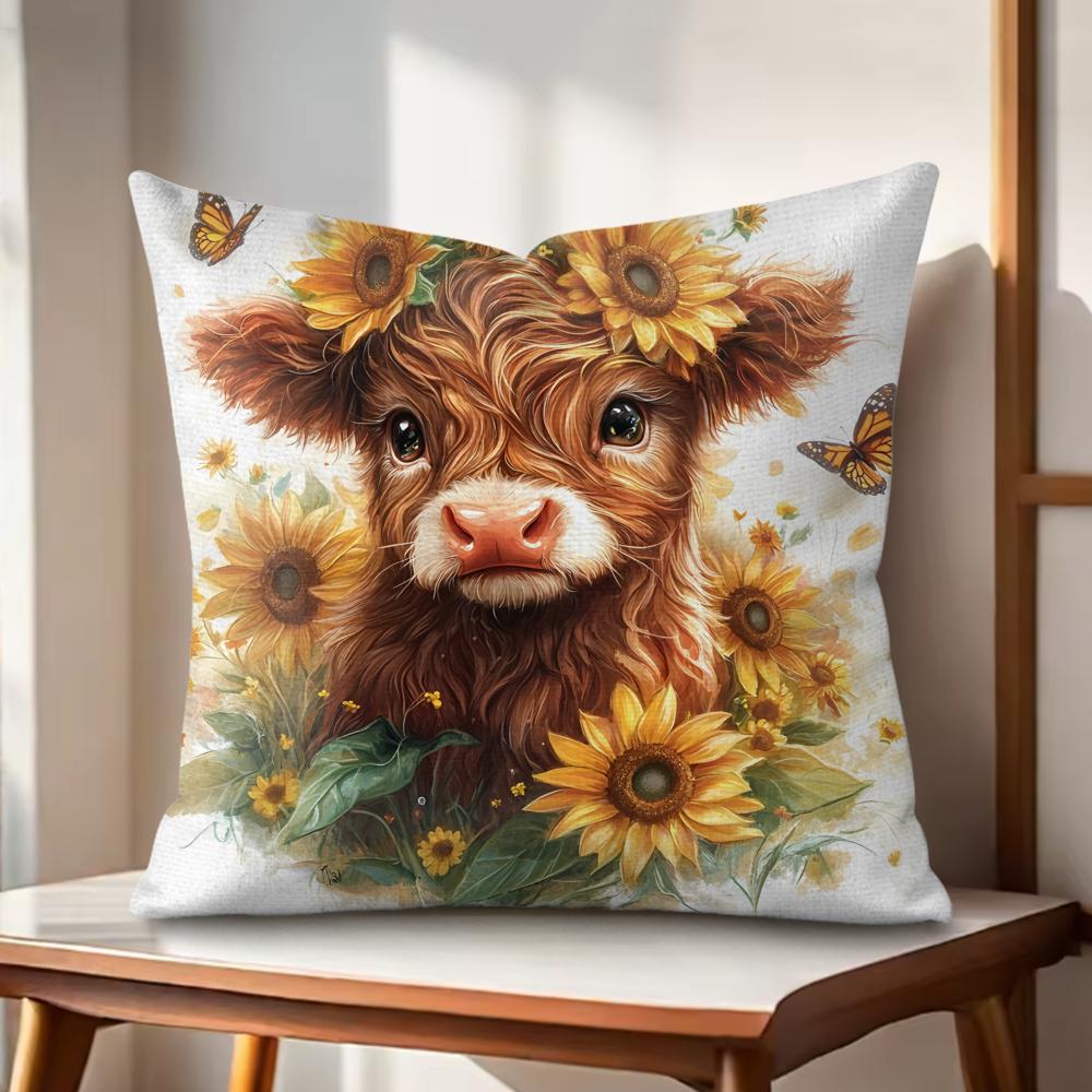 Cute Highland cattle Cushion Cover Natural Linen Organic Fabric DoubleSided Printing Couch Pillow Covers Home Decor Gift