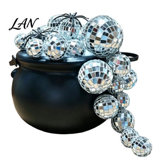 Halloween Tabletop Accents Disco Bubbling Witch Cauldron Kit, Kettle with 40 Balls 2 Creative Display Light Strings Spider Webs Fake 100 Adhesive Dots