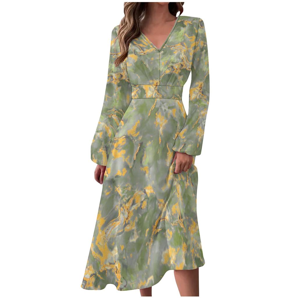 Женское осенне-зимнее повседневное модное длинное платье с v-образным вырезом и длинным рукавом с цветочным принтом