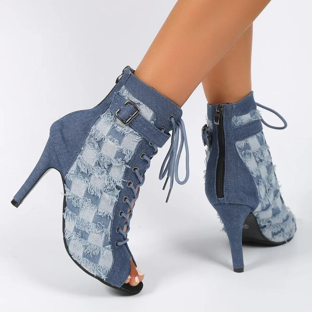 Fish Mouth High Heels Women Spring Summer Lace Up High Top Mesh Denim Slim Heels Sandals Outdoor Banquet Street Casual Shoes