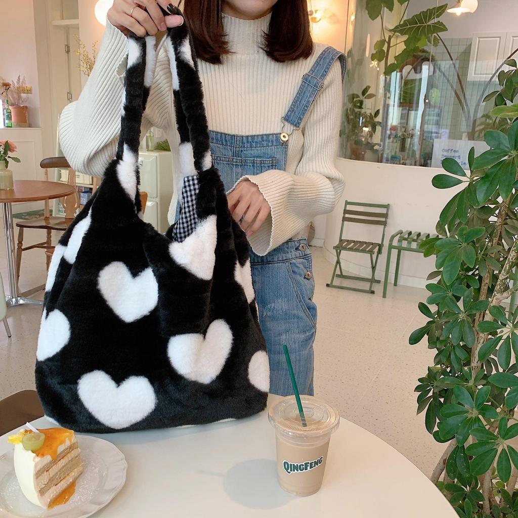 Women Autumn Winter Plush Love One Shoulder High Capacity Tank Top Bag