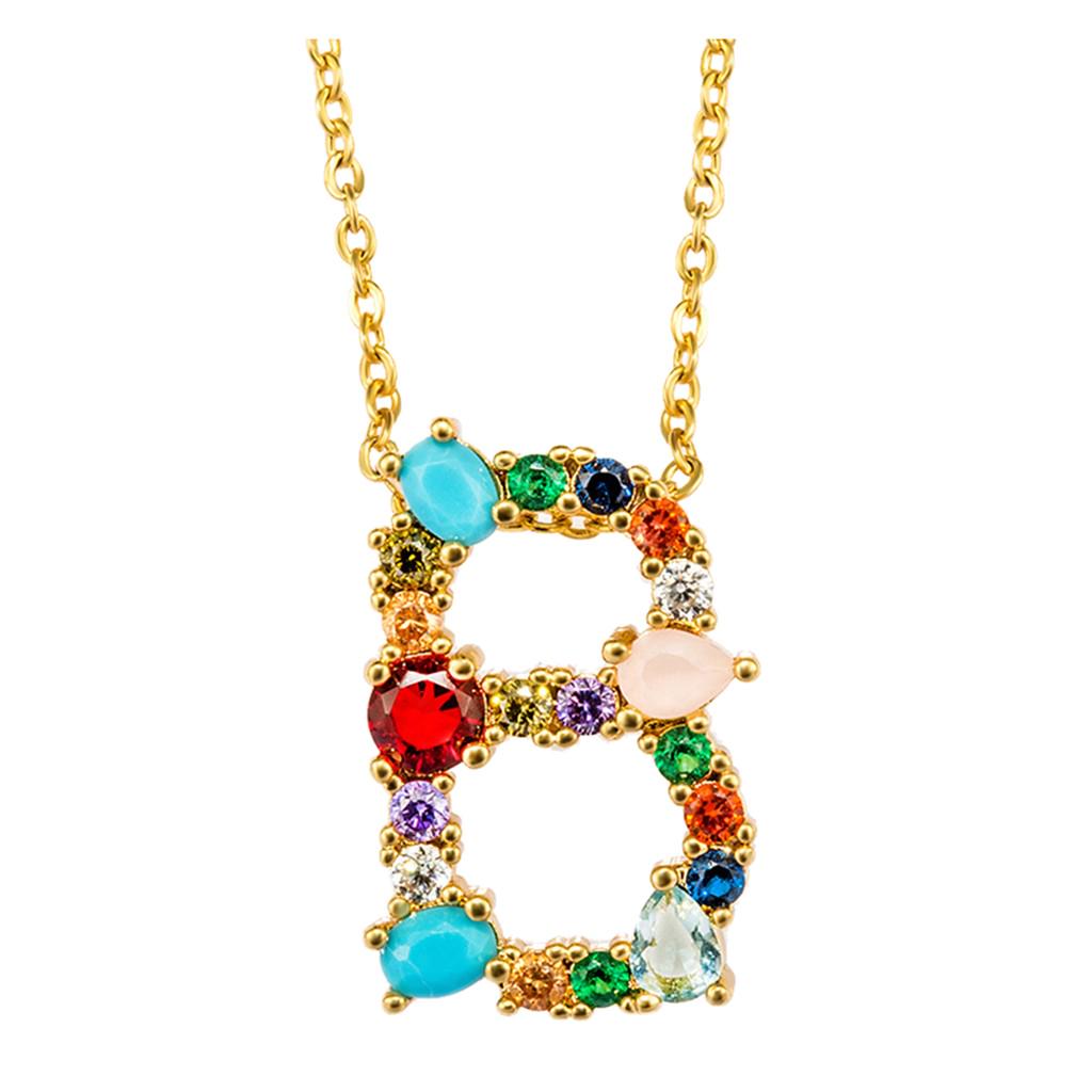 Women Large Initial Colorful Rhinestones Gold Plated Necklace 26 Letter Pendant
