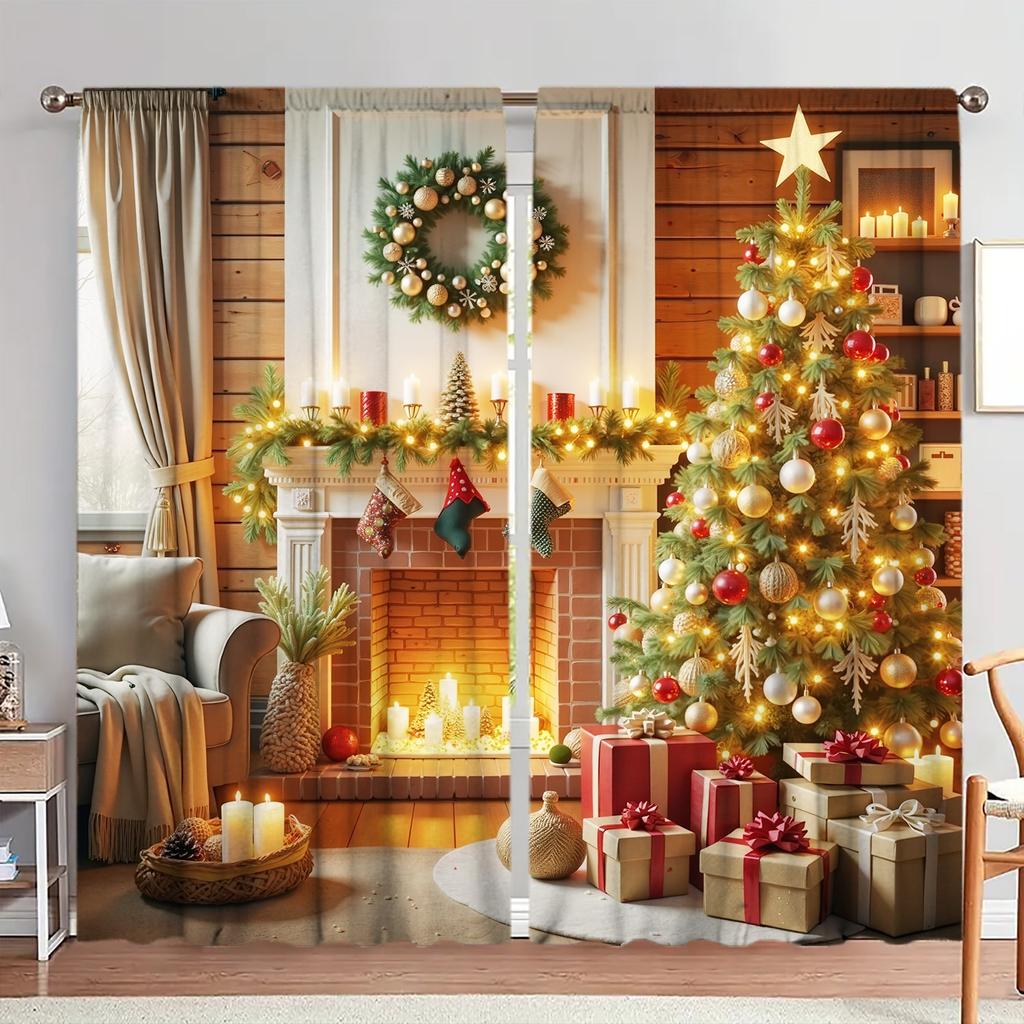 2-piece Set of Christmas Wonderland Curtains - Featuring A Rustic Wooden Exterior with Christmas Tree, Gift, Fireplace