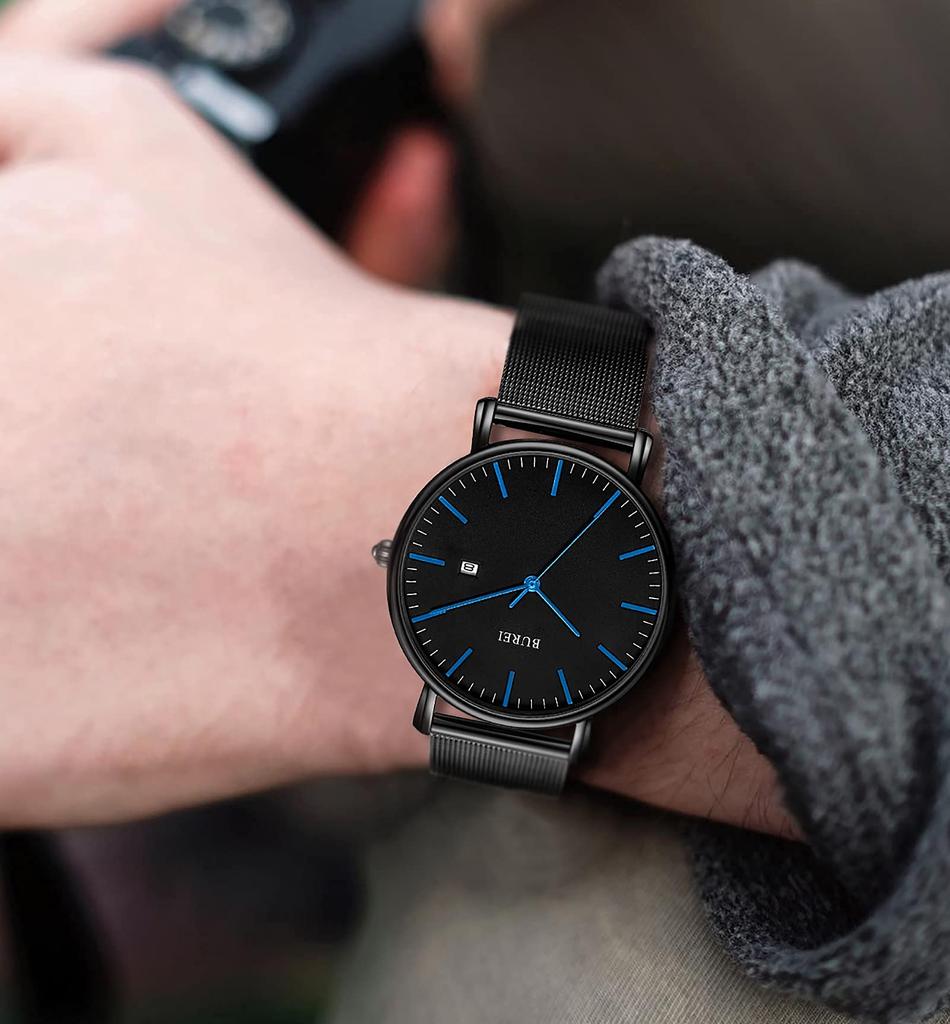 Часы простые водонепроницаемые аналоговые популярные часы бренда стильные миланские сетчатые часы W14 [BUREI] мужские мужские