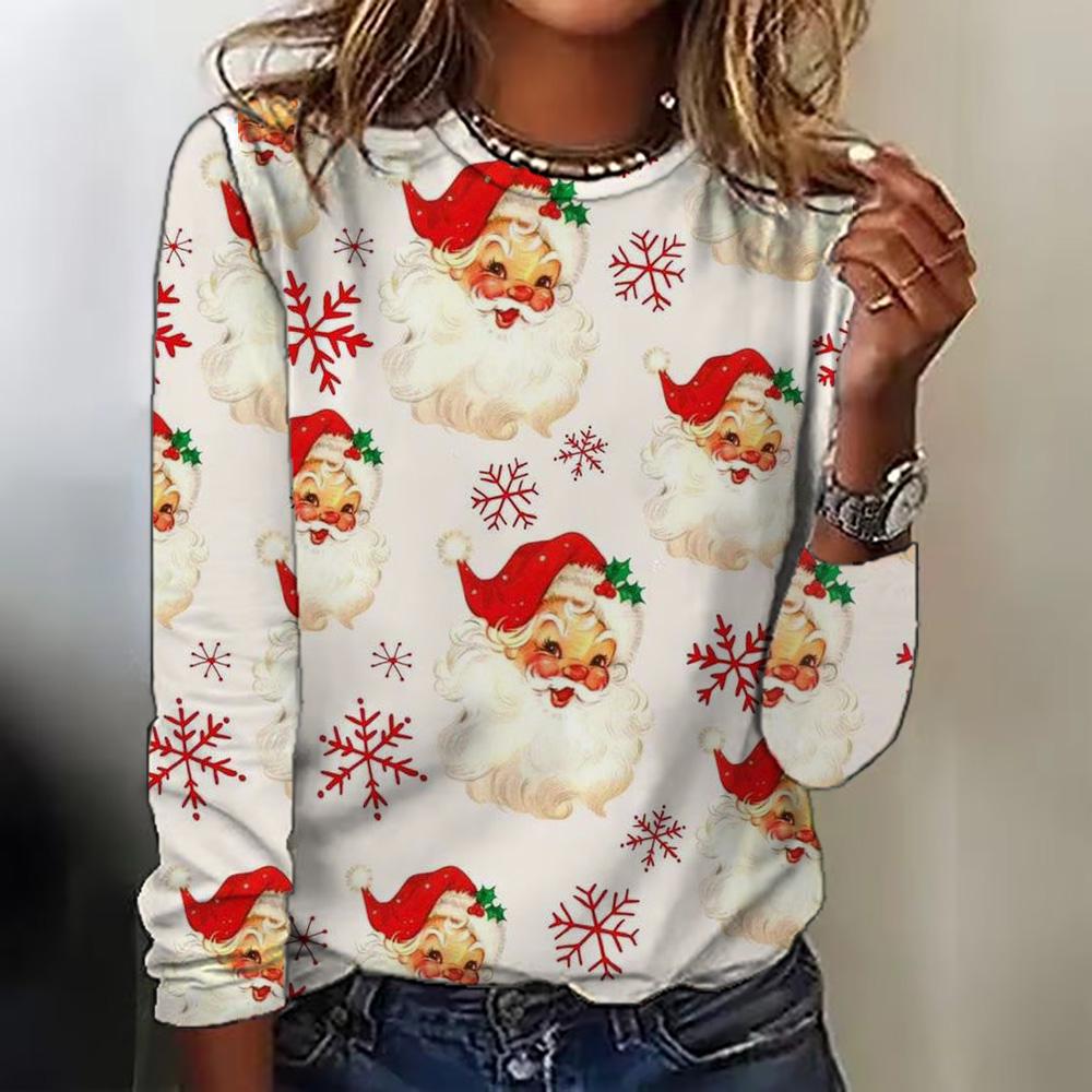 Летний топ с круглым вырезом и 3D рождественским принтом, модные и повседневные женские футболки с длинными рукавами
