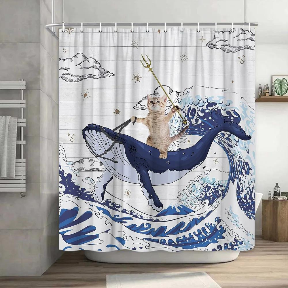 Смешная занавеска для душа Brave Cat Cartoon Душевая занавеска Waves Ocean Decor Ткань Душевая занавеска Set with Hooks Bathroom Decoration