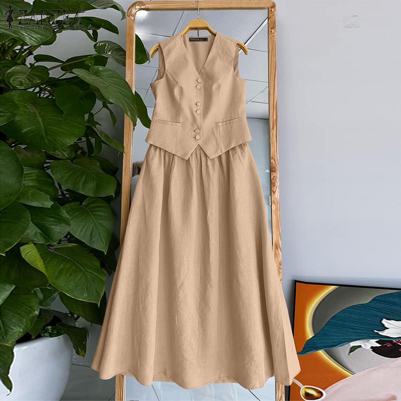 ZANZEA Женские летние комплекты из однотонных маек с V-образным вырезом и юбки А-силуэта