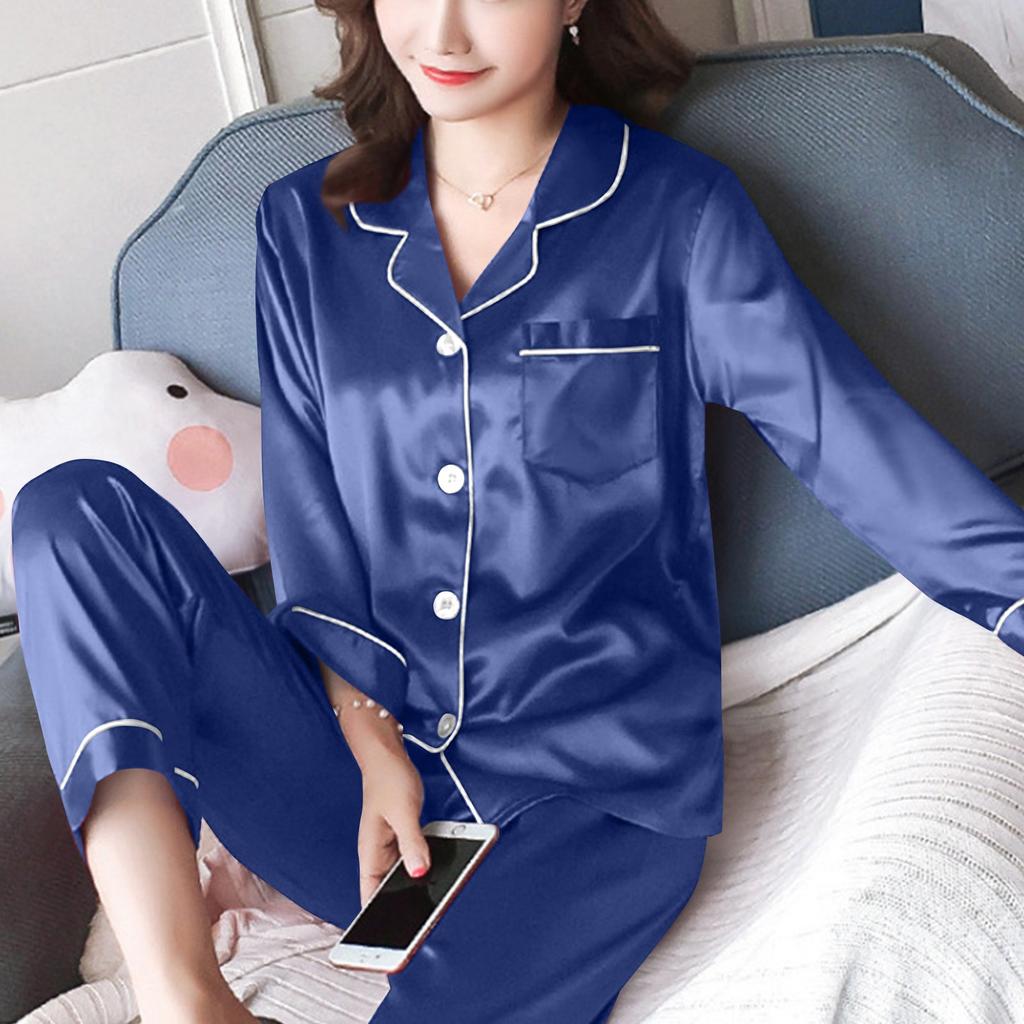 Women's Casual Cardigan Long Sleeve Pajamas Set Ice Silk Home Clothes Two-piece Set