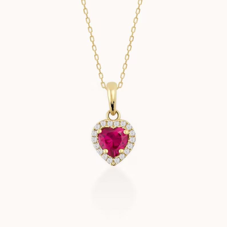 14K Yellow Gold Heart Shape Red Ruby Gemstone Necklace for Girl's and Women's, July Birthstone Pendant