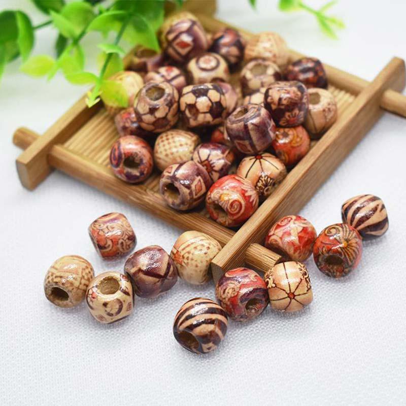 Творческий смешанный узор для изготовления ювелирных изделий, нанизывание большого отверстия, 100 шт., 9*10 мм, этнические круглые деревянные бусины, своими руками