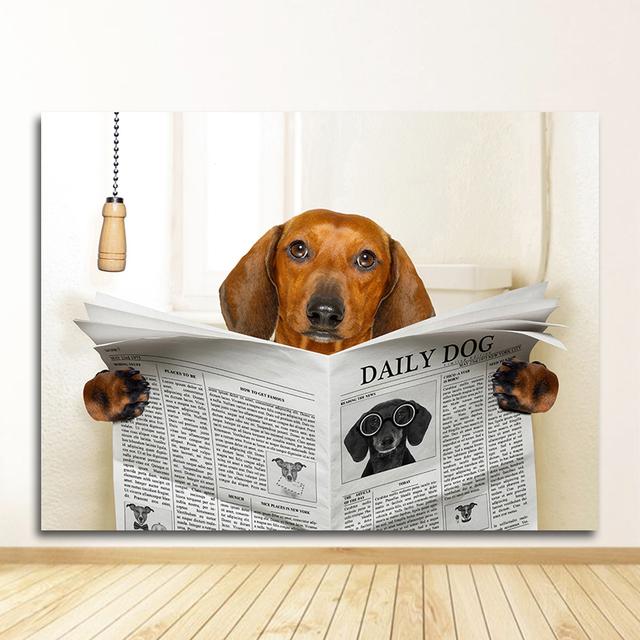 Picture Home Bathroom Decor Dogs Lover Gift Dog Reading Newspaper Toilet Wall Art Canvas Prints Funny Dog Painting Wall