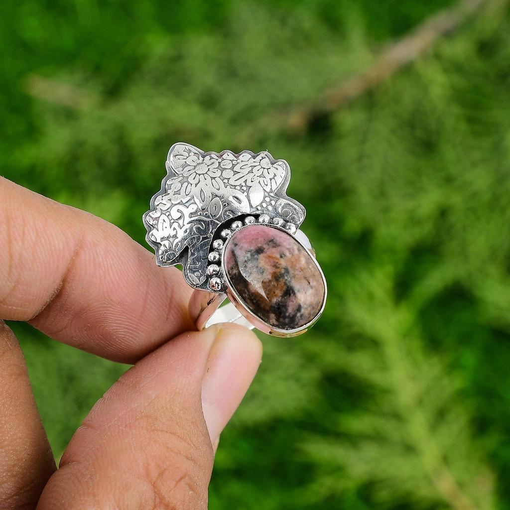925 Sterling Silver Oval Rhodonite Stone Anniversary Statement Sister Boho Ring
