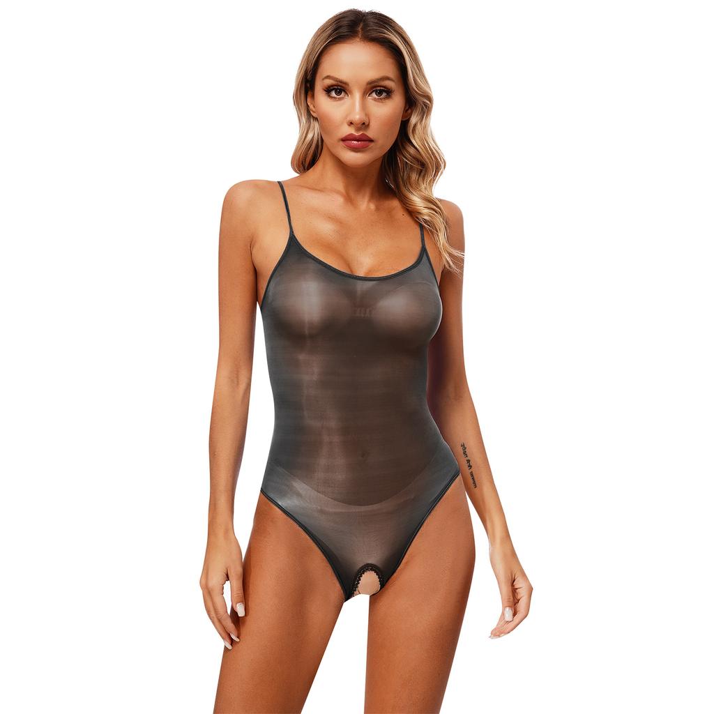 Womens Glossy Sling Bodysuit Adjustable Strap See Through Lingerie Stretchy High Cut Bodycon Lingerie