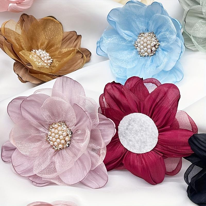 5pcs Handmade Fabric Flower Appliques with Beaded Center, Multilayer Organza Flowers for DIY Dress, Shoes, Brooch Accessories