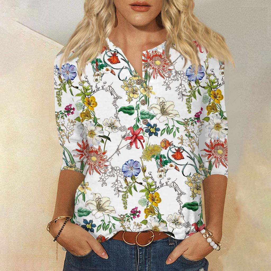 3/4 Sleeve Shirts For Women Cute Flowers Print Graphic Tees Blouses Casual Plus Size Basic Tops Pullover