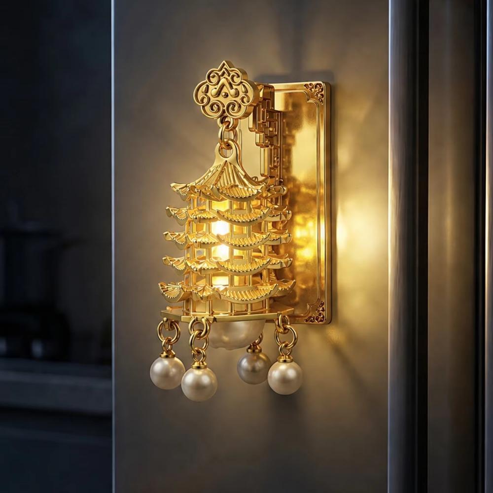 3D Glowing Lantern Fridge Magnet Retro Openwork Design Chinese Architecture Fridge Magnet with Faux Pearls LED Light