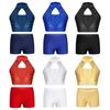 Kids Girls Sleeveless Sequin Crop Top with Shorts for Dance Gymnastics Performance Competition
