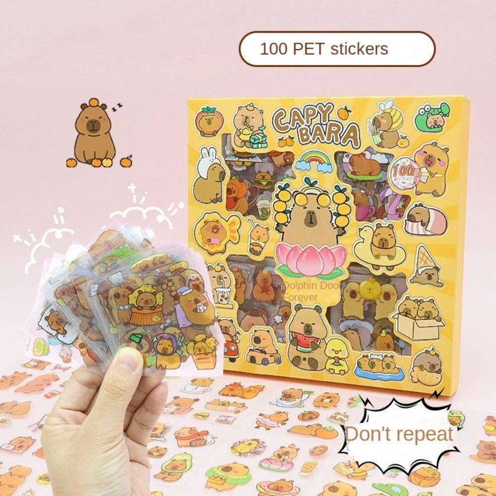 100PCS DIY Children Sticker Cartoon Capybara Hand Ledger Sticker Cute Water Cup Decal Birthday Gift