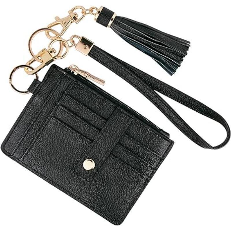 Genuine Leather Slim Card Holder for Women – Top-Grain Cowhide Wallet with Multiple Card Slots, ID Window & Detachable Wristlet