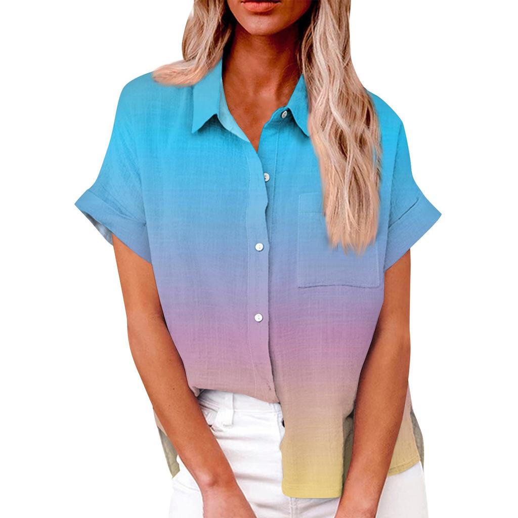 Женская свободная повседневная рубашка с короткими рукавами и пуговицами с градиентным принтом и карманами