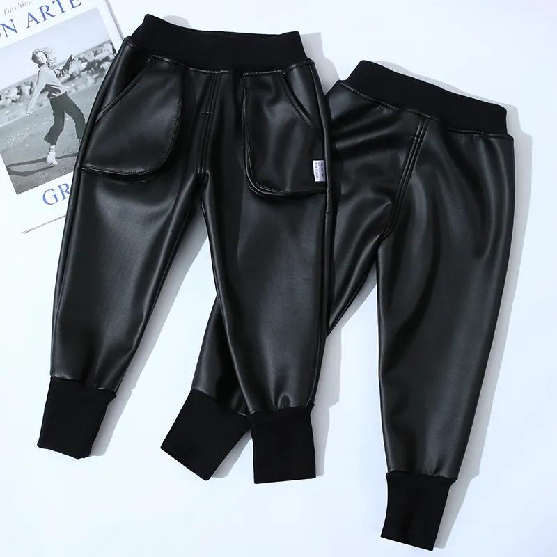 Детские кожаные штаны осень-зима плюс бархат утолщенные теплые и ветрозащитные кожаные штаны водонепроницаемые детские штаны на шнурке