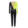 Girls Mesh Long Sleeves Keyhole Back Shiny Rhinestones Color Block Dance Jumpsuit Gymnastics Performance Costume