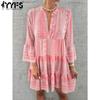 Women's Fashion Summer Spring Colour Block Print  3/4 Sleeves V-Neck Loose Waistline Casual Dresses