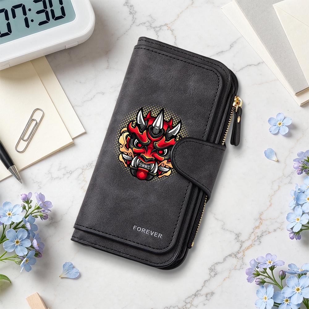 Vintage Long Wallet with Oni Pattern Large Capacity Multi Card Slot Fashion PU Leather Wallet for Daily Use