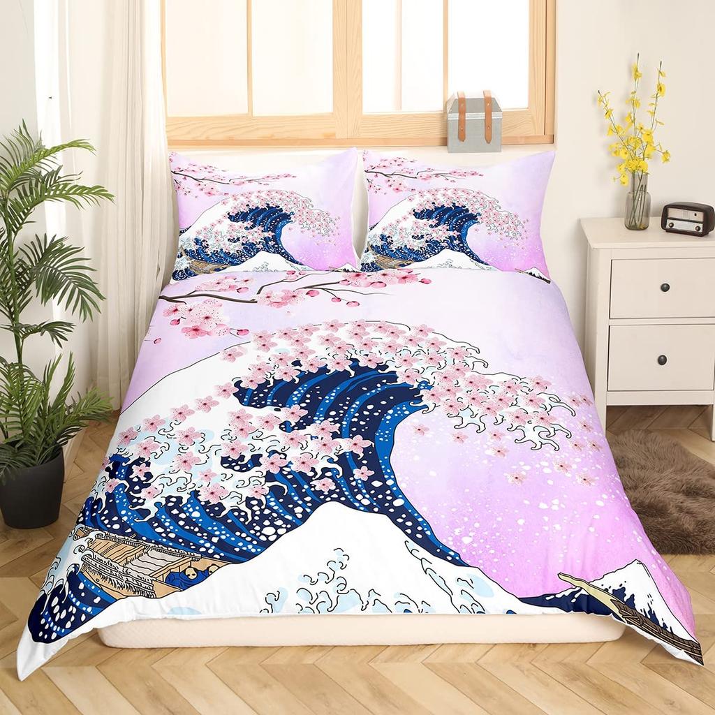 Crane Bedding Set Girl Cherry Blooming Fuji Mountain Sun Duvet Cover Kids Women Lotus Floral Comforter Cover Watercolor Decor
