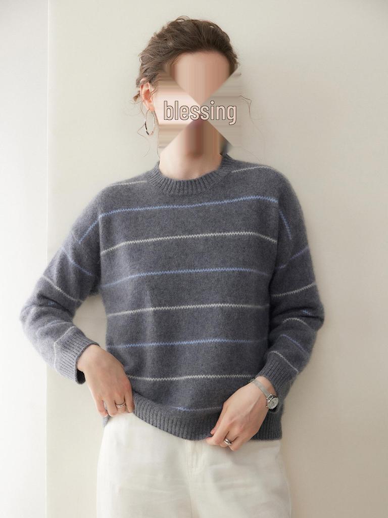 New Arrival Cashmere Striped Knit Women's Sweater – Loose Slimming Pullover for Autumn and Winter
