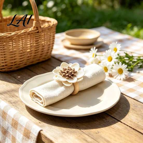 Handmade Linen Flower Rings 6Pcs Napkin Rings Wooden Ring Rustic Holders Tableware Accents for Banquet Farmhouse Wedding Bridal Shower Dining Table