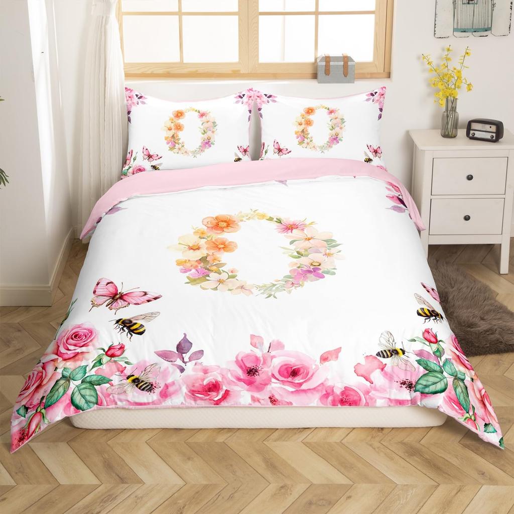 Initial Letter A Duvet Cover for Boys Girls Floral Monogrammed Bedding Set Romantic Rose Alphabet Quilt Cover with 2 Pillow Case