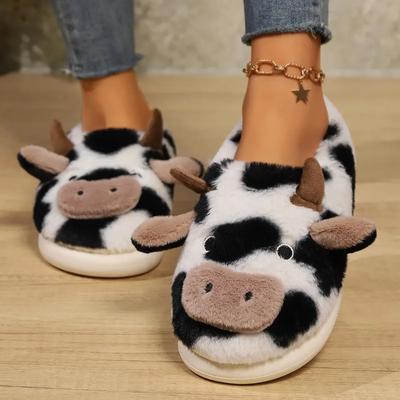 Женские тапочки, домашние плюшевые мультяшные коровы, дизайнерская обувь для девочек, милые зимние пушистые тапочки, плоские теплые повседневные меховые шлепанцы, большой размер